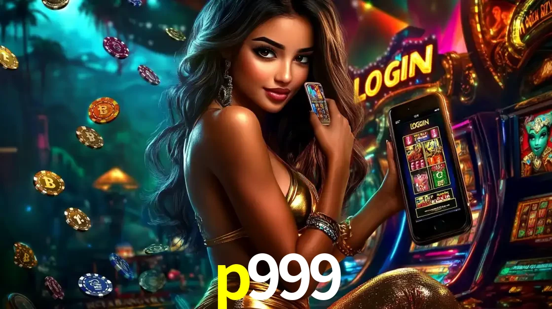 Mulher em um cenário de cassino temático de aventura, mostrando o app de caça-níqueis da p999 no celular. Fichas de apostas flutuam ao redor.