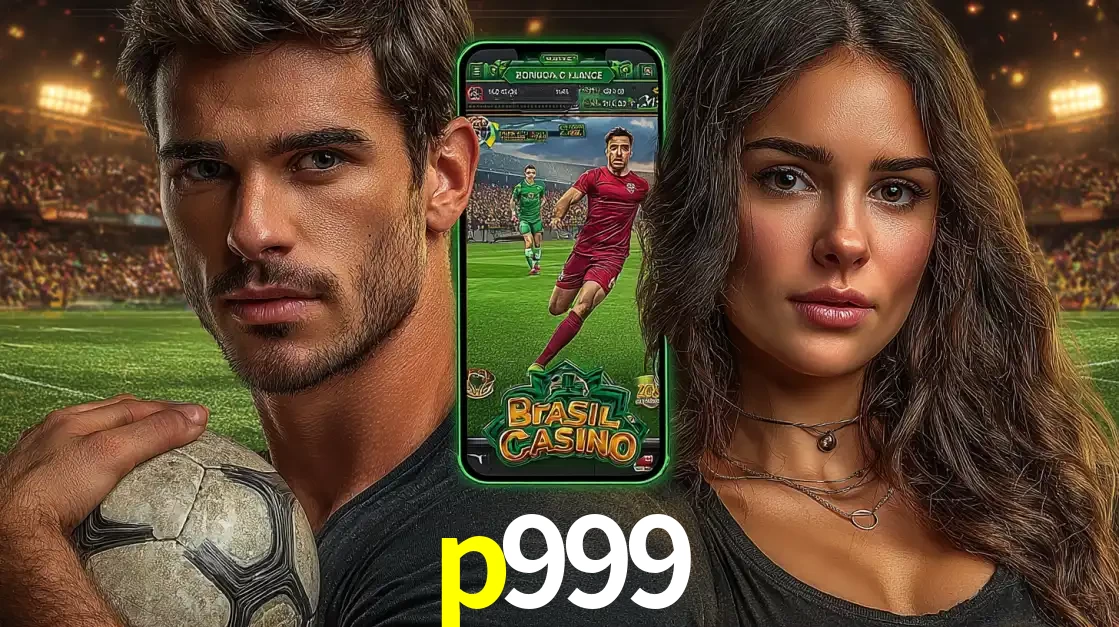 Homem segurando uma bola de futebol e uma mulher ao lado de um smartphone exibindo o jogo de apostas esportivas da p999. Faça seu palpite no cassino online.